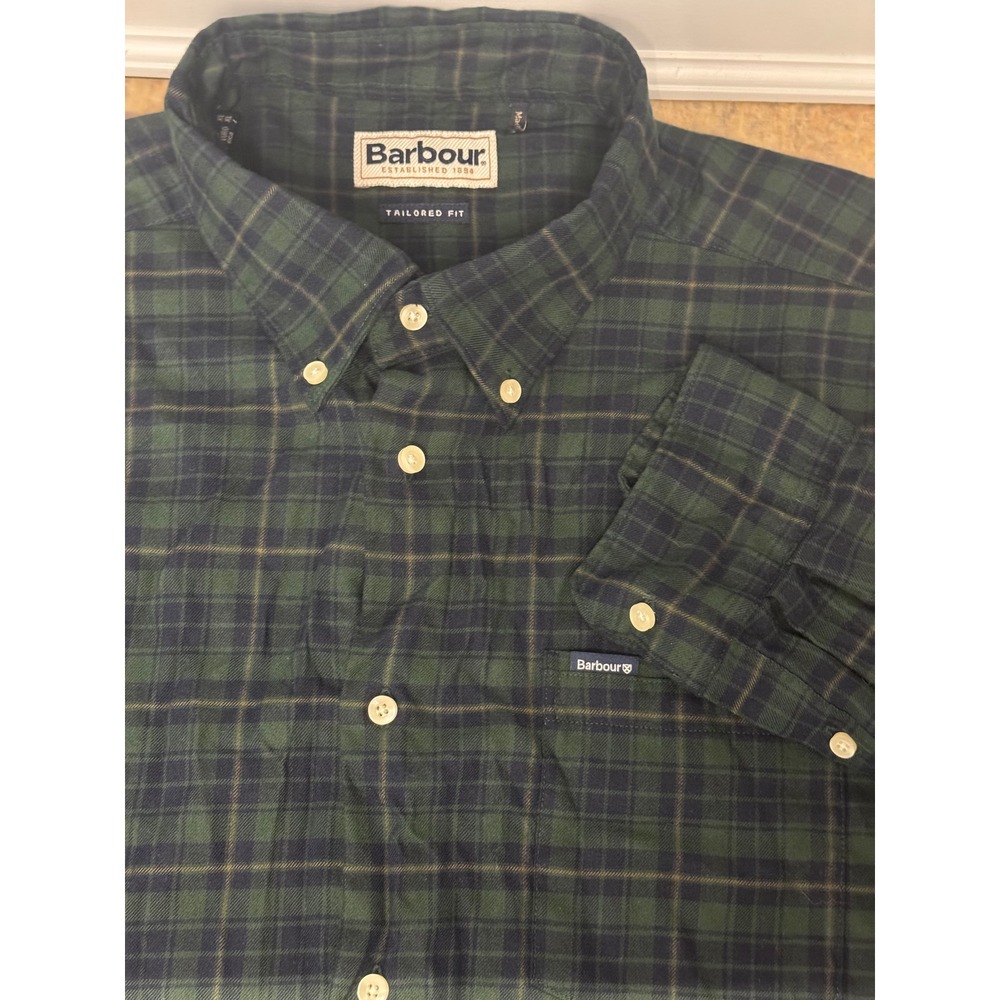 Barbour Tailored Fit Flannel Button Down Shirt Mens XL Green Navy Long Sleeve